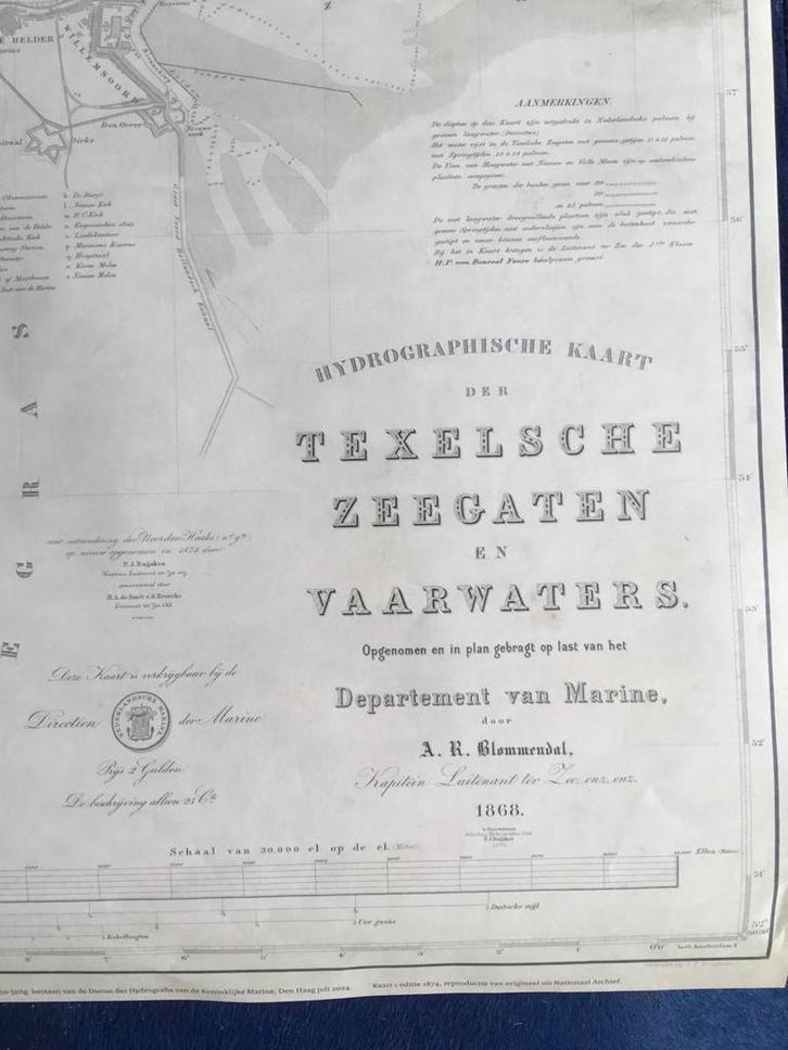 Zeekaart reproductie Texelsche Zeegaten en Vaarwaters 1868, Verzamelen, Scheepvaart, Nieuw, Ophalen of Verzenden