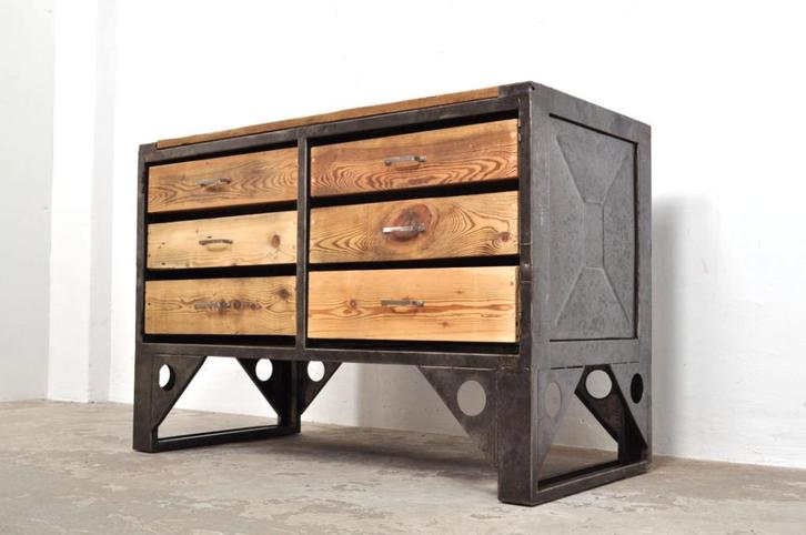 Vintage industriële werkbank ladekast dressoir kookeiland, Huis en Inrichting, Kasten | Ladekasten, Gebruikt, Minder dan 100 cm