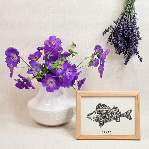 Linoleumsnede print Vis Baars formaat 10x15 met houten lijst, Huis en Inrichting, Woonaccessoires | Schilderijen, Tekeningen en Foto's