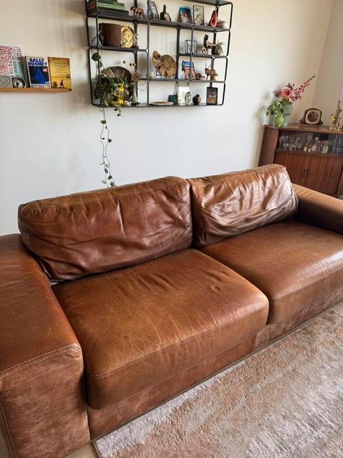 Vintage cognac kleur leren bank, Huis en Inrichting, Banken | Complete zithoeken, Gebruikt, Leer, Ophalen
