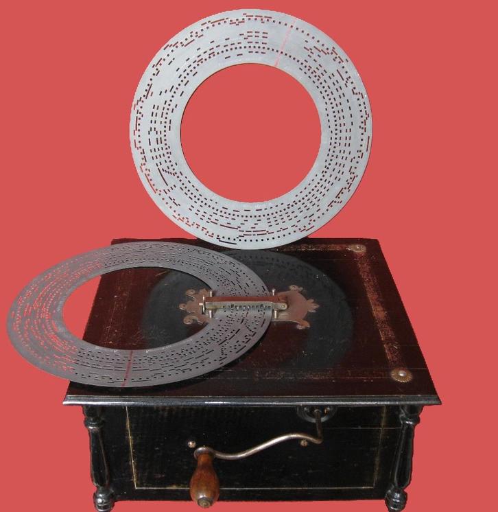 Muziekbox draaiorgel Ariosa + muziekschijven in zink., Antiek en Kunst, Antiek | Tv's en Audio, Ophalen of Verzenden