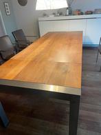 Houten Tafel + 6 Leren Stoelen - Uitschuifbaar, Ophalen, Gebruikt, 100 tot 150 cm, 200 cm of meer