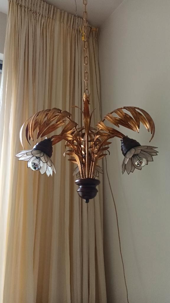 HANS KÖGL kroonluchter, palmblad, capiz schelpkapjes, Huis en Inrichting, Lampen | Kroonluchters, Gebruikt, Metaal, Overige materialen