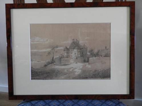 Hollandse school, 19e eeuw, gezicht op buitenplaats tekening, Antiek en Kunst, Kunst | Schilderijen | Klassiek, Ophalen of Verzenden