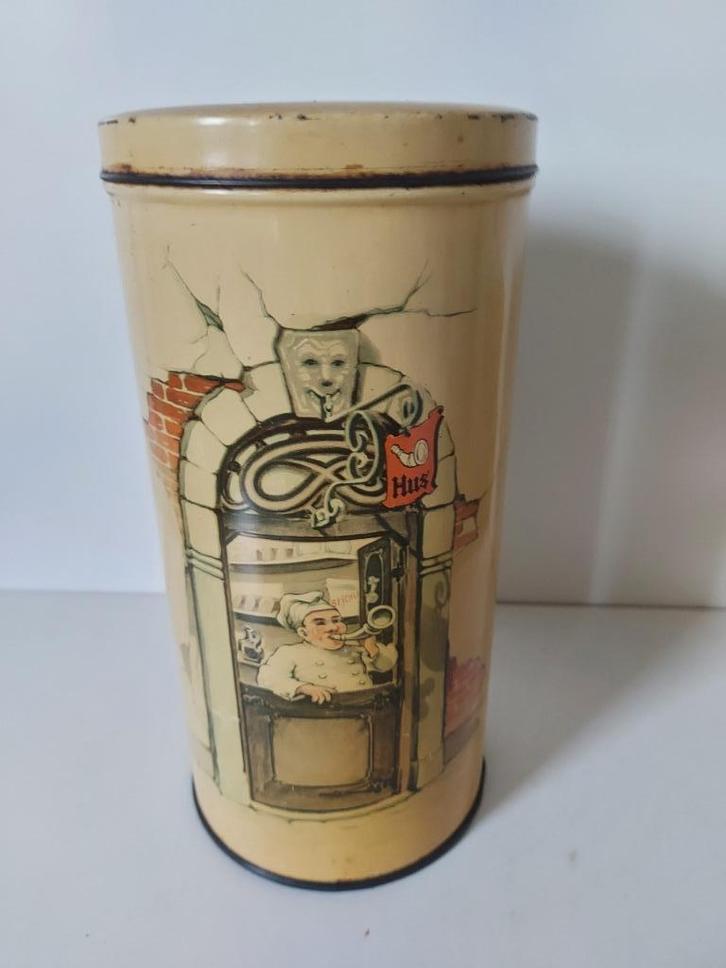 Vintage antiek blik beschuitbus van de Firma Hus, Verzamelen, Blikken, Gebruikt, Beschuit, Ophalen of Verzenden