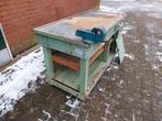 Vintage geleefde houten werkbank metalen blad, Ophalen, Gebruikt, Bankschroef