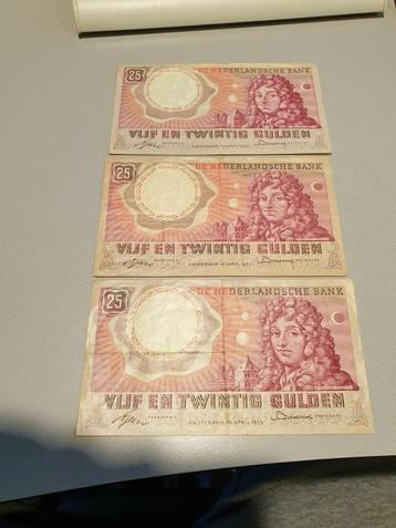 3x 25 gulden 10.4.1955, 3 letters, 6 cijfers (B1) beschikbaar voor biedingen