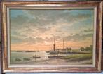 Groot schilderij HJ Wijngaard rivierlandschap IJssel olievrf, Antiek en Kunst, Ophalen