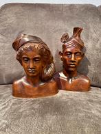 Twee handgesneden houten bustes – Bali (gedateerd 1949), Ophalen of Verzenden
