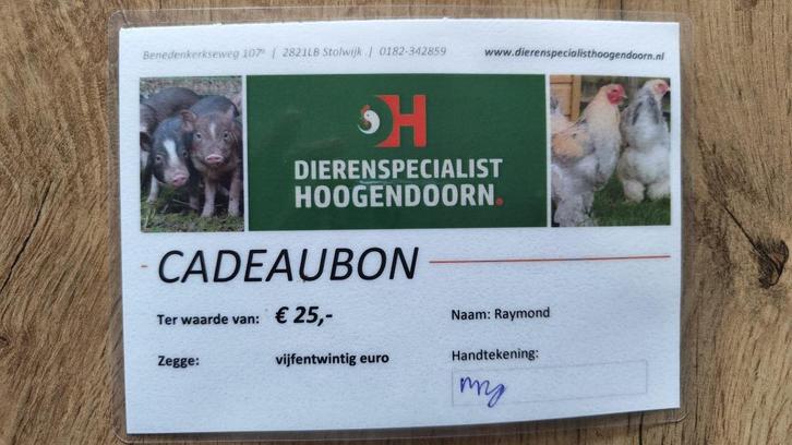 Cadeaubonnen (twv € 25) van Dierenspecialist Hoogendoorn, Tickets en Kaartjes, Kortingen en Cadeaubonnen, Eén persoon, Overige typen