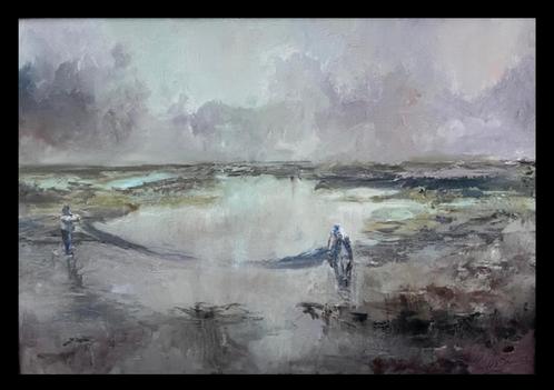 Minne Onnes : Sleepnet, vissers op het wad t.e.a.b., Antiek en Kunst, Kunst | Schilderijen | Klassiek, Ophalen of Verzenden