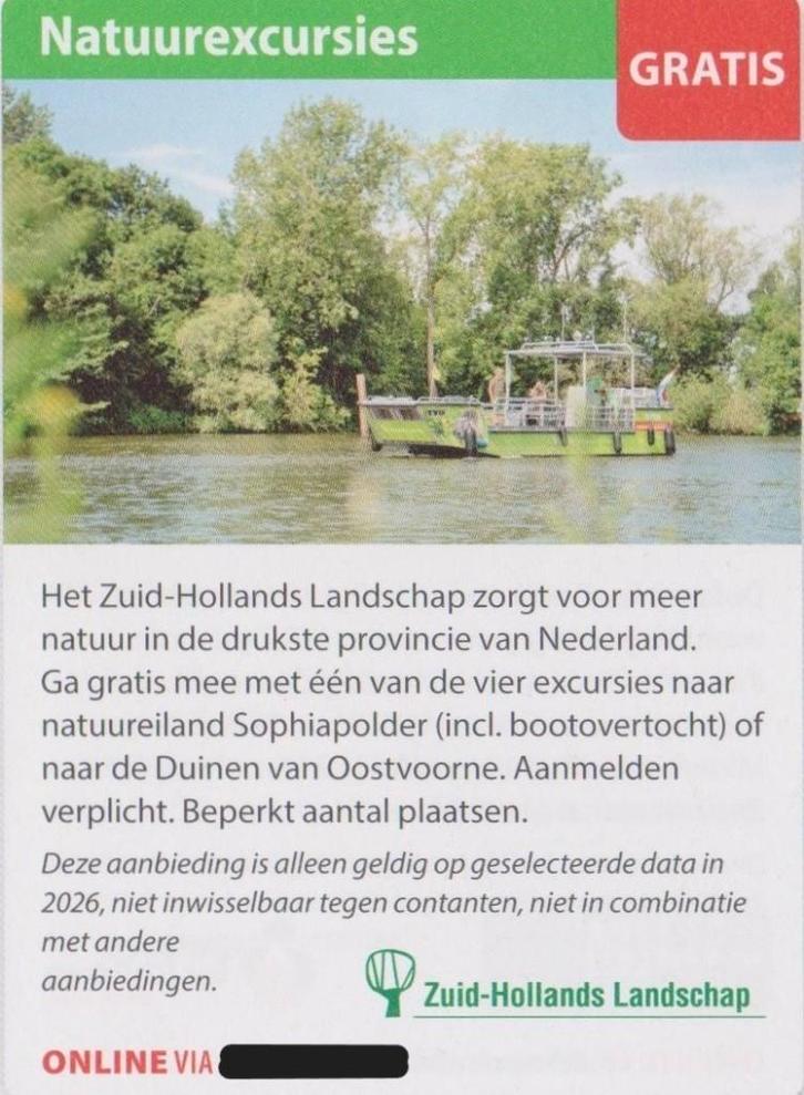 Natuurexcursies. Gratis. Postcodeloterij voordeelbon., Tickets en Kaartjes, Musea, Drie personen of meer, Kortingskaart