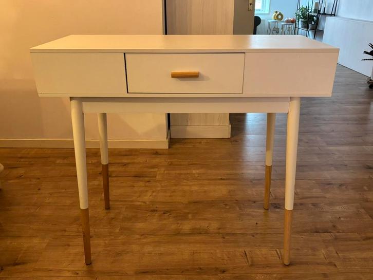 Haltafel met lade (wit + licht eiken), Huis en Inrichting, Tafels | Sidetables, Gebruikt, 25 tot 50 cm, 100 tot 150 cm, Rechthoekig