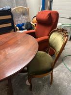 Ronde houten tafel uitschuifbaar met 4 stoelen., Antiek en Kunst, Ophalen