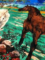 Mooi vintage velvet wandkleed kleed paarden 164/116, Antiek en Kunst, Ophalen of Verzenden