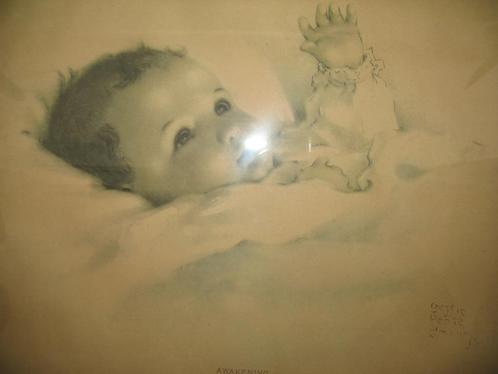 Oude Tekening Prent Awakening Bessie Pease ( 1960's) Vintage, Antiek en Kunst, Kunst | Tekeningen en Foto's, Ophalen of Verzenden