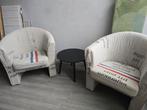 2 fauteuils bekleed met originele postzakken, Ophalen, Gebruikt, 75 tot 100 cm, 50 tot 75 cm