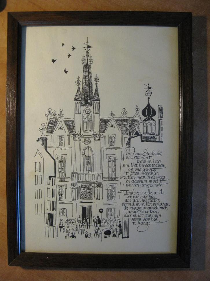 prent oude stadhuis Eindhoven 1967 tekst Louis Vrijdag, Verzamelen, Foto's en Prenten, Gebruikt, Prent, Gebouw, 1960 tot 1980