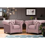 Bank chesterfield 3 zits en 2 x fauteuil  fluweel oud roze ., Huis en Inrichting, Ophalen, Zo goed als nieuw, Stof