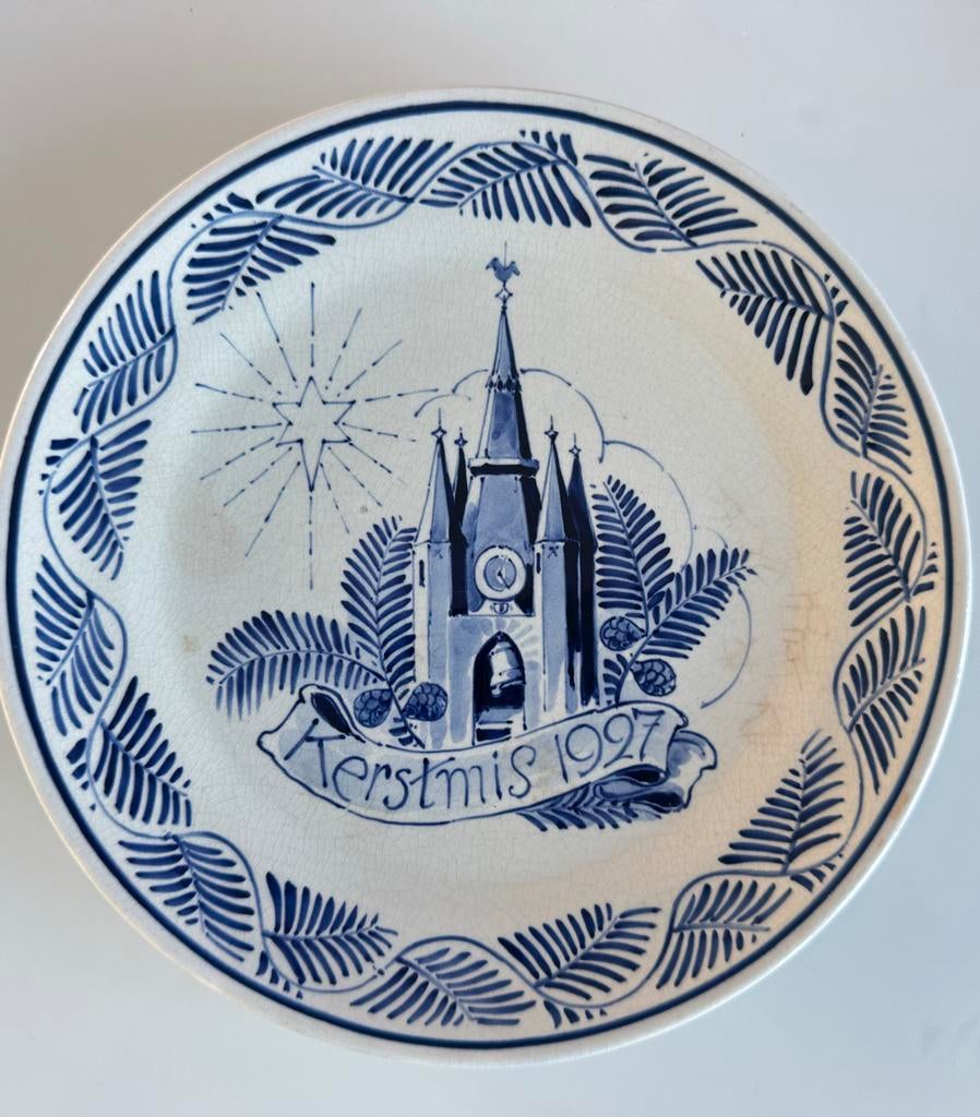 Delfts Blauw Porceleyne fles Kerstbordje 1927, Ophalen of Verzenden