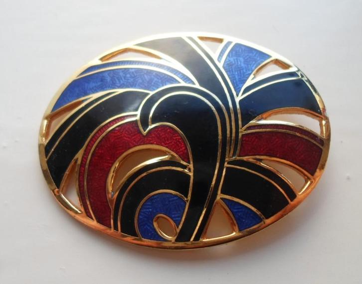 Broche cloissoné verguld. Donkerrood / kobaltblauw /zwart, Sieraden, Tassen en Uiterlijk, Broches, Zo goed als nieuw, Overige materialen