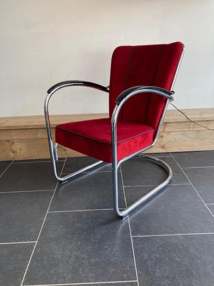 Gispen 412 fauteuil, chroom, nieuwe donkerrode ribstof, Huis en Inrichting, Fauteuils, Zo goed als nieuw, Metaal, Stof, 50 tot 75 cm