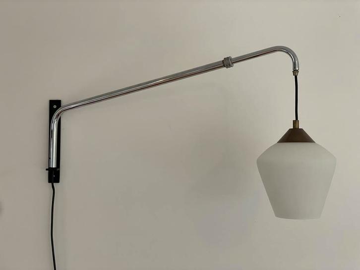 Vintage Raak C-1503 Telesc. Zwenkarm Wandlamp/ Hengellamp, Huis en Inrichting, Lampen | Wandlampen, Zo goed als nieuw, Glas, Metaal
