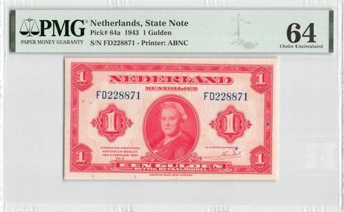 Netherlands 1 Gulden 1943 Unc 64 PMG, Postzegels en Munten, Bankbiljetten | Europa | Niet-Eurobiljetten, Los biljet, Overige landen