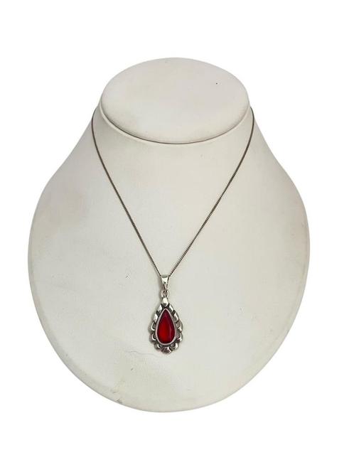 Vintage druppelvormige zilveren hanger net rode steen., Sieraden, Tassen en Uiterlijk, Kettinghangers, Zo goed als nieuw, Zilver