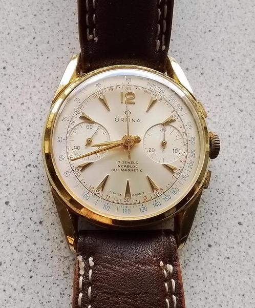 Orfina chronograaf Zwitsers herenhorloge 1950's Landeron 248, Verzamelen, Overige Verzamelen, Gebruikt, Verzenden