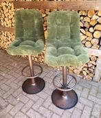 Barkrukken 2X retro vintage kruk/stoel groen stof, 2 krukken, 90 cm of meer, Gebruikt, Metaal
