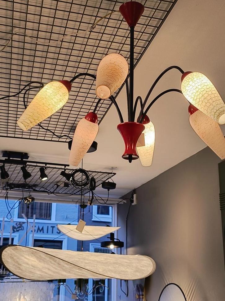 Vintage Spin hanglamp fifties rood-zwart-wit., Huis en Inrichting, Lampen | Hanglampen, Gebruikt, 50 tot 75 cm, Glas, Metaal, Ophalen of Verzenden