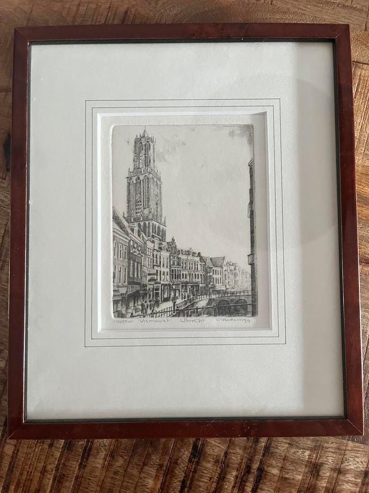Ets A. Wieringa - Vismarkt Utrecht Domtoren, Antiek en Kunst, Kunst | Etsen en Gravures, Ophalen of Verzenden