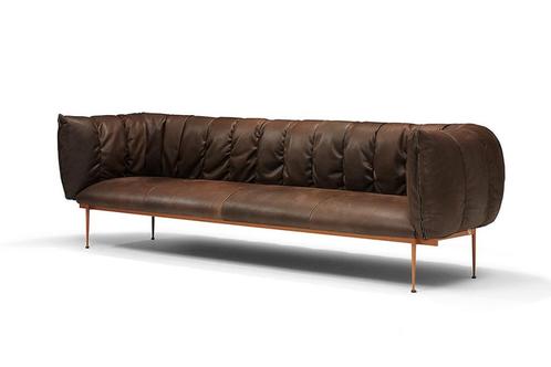 Prachtige luxe bank sofa PUFFER Jess Design leer donkerbruin, Huis en Inrichting, Banken | Bankstellen, Zo goed als nieuw, Rechte bank