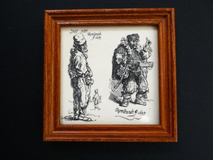Tegel met 2 etsen naar Rembrandt Een Boer en De Kwakzalver, Antiek en Kunst, Curiosa en Brocante, Ophalen of Verzenden