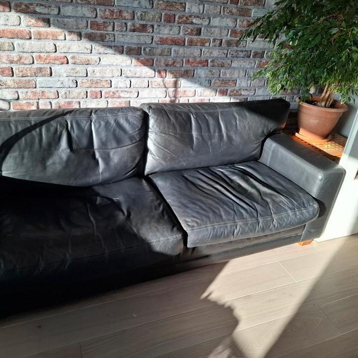 Topform leren bankstel - Zwart - Ganzenveren vulling, Huis en Inrichting, Banken | Sofa's en Chaises Longues, Gebruikt, 75 tot 100 cm