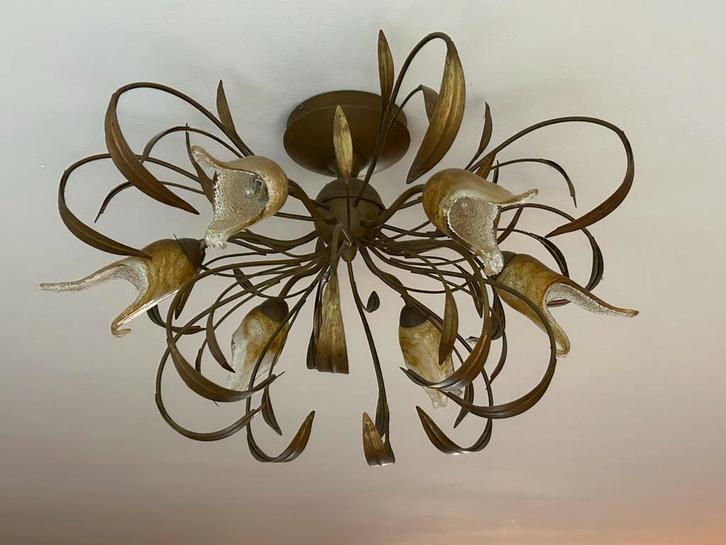 Vintage Plafondlamp met Bloemmotief, Huis en Inrichting, Lampen | Plafondlampen, Gebruikt, Glas, Ophalen of Verzenden
