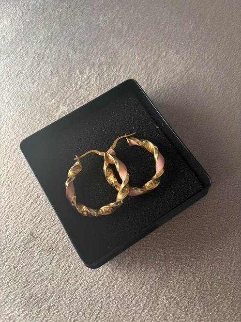 14 Karaat Gouden wokkel oorbellen met roze coating, Sieraden, Tassen en Uiterlijk, Oorbellen, Gebruikt, Overige materialen, Roze
