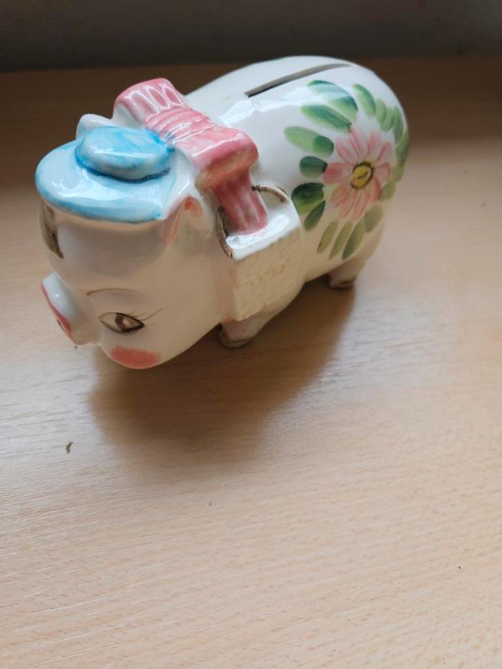 Vintage Spaarvarken met Bloemen, Verzamelen, Spaarpotten, Gebruikt, Dier, Steen, Aardewerk of Keramiek, Ophalen of Verzenden