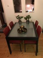 Uitschuifbare Eettafel glas blad met metaal (zwart geverfd), Huis en Inrichting, Tafels | Eettafels, Ophalen, Gebruikt, 100 tot 150 cm