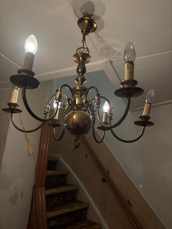Klassieke Koperen Kroonluchter, Huis en Inrichting, Lampen | Kroonluchters, Gebruikt, Metaal, Ophalen