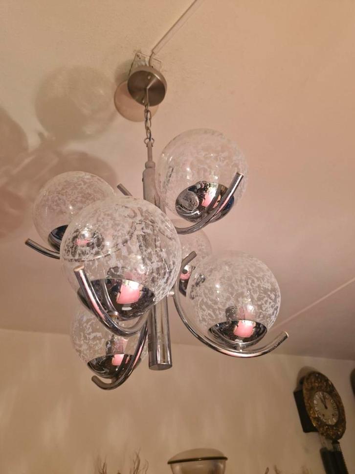 Kroonluchter van richard essig sputnik atom, chroom en glas, Huis en Inrichting, Lampen | Kroonluchters, Zo goed als nieuw, Glas