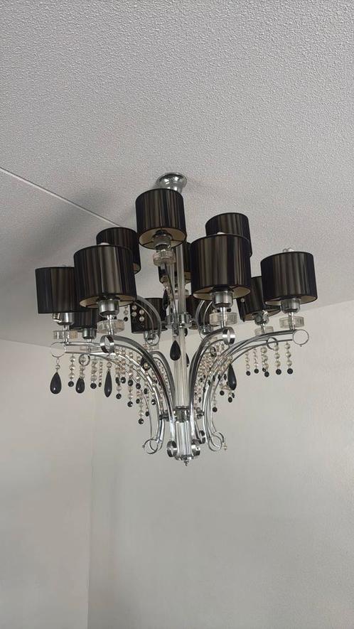 Luxe Zwart-Chroom Kroonluchter met Kristallen, Huis en Inrichting, Lampen | Kroonluchters, Gebruikt, Metaal, Ophalen of Verzenden