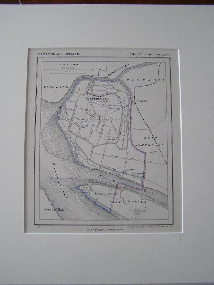 landkaartje 1865 Goudswaard( Hoekse Waard) met veel details, Boeken, Atlassen en Landkaarten, Zo goed als nieuw, Landkaart, Nederland