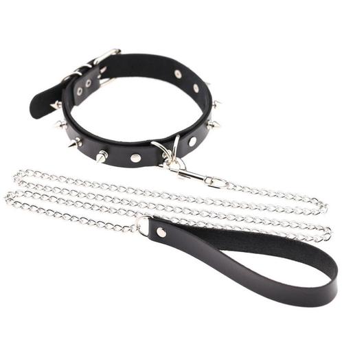 Leren choker met spikes en ketting / gothic zwarte halsband, Sieraden, Tassen en Uiterlijk, Kettingen, Nieuw, Zwart, Verzenden