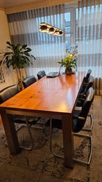 Massief kersen houten tafel met 6 leren stoelen., Ophalen, Gebruikt, 200 cm of meer, 50 tot 100 cm