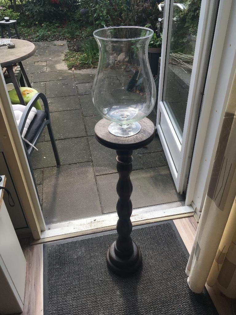 eikenhouten zuil met glazen grote vaas, Huis en Inrichting, Ophalen, Gebruikt