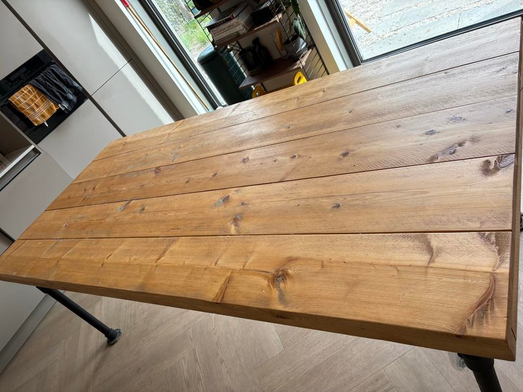 Moderne eettafel steigerhout en metaal, Ophalen, Gebruikt, 100 tot 150 cm, 200 cm of meer
