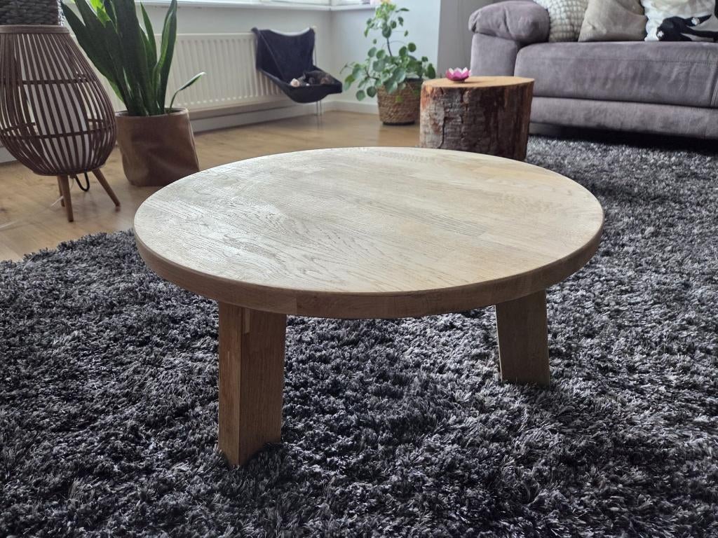Eikenhout Salontafel Rond, Ophalen, 50 tot 100 cm, 50 tot 100 cm, Zo goed als nieuw