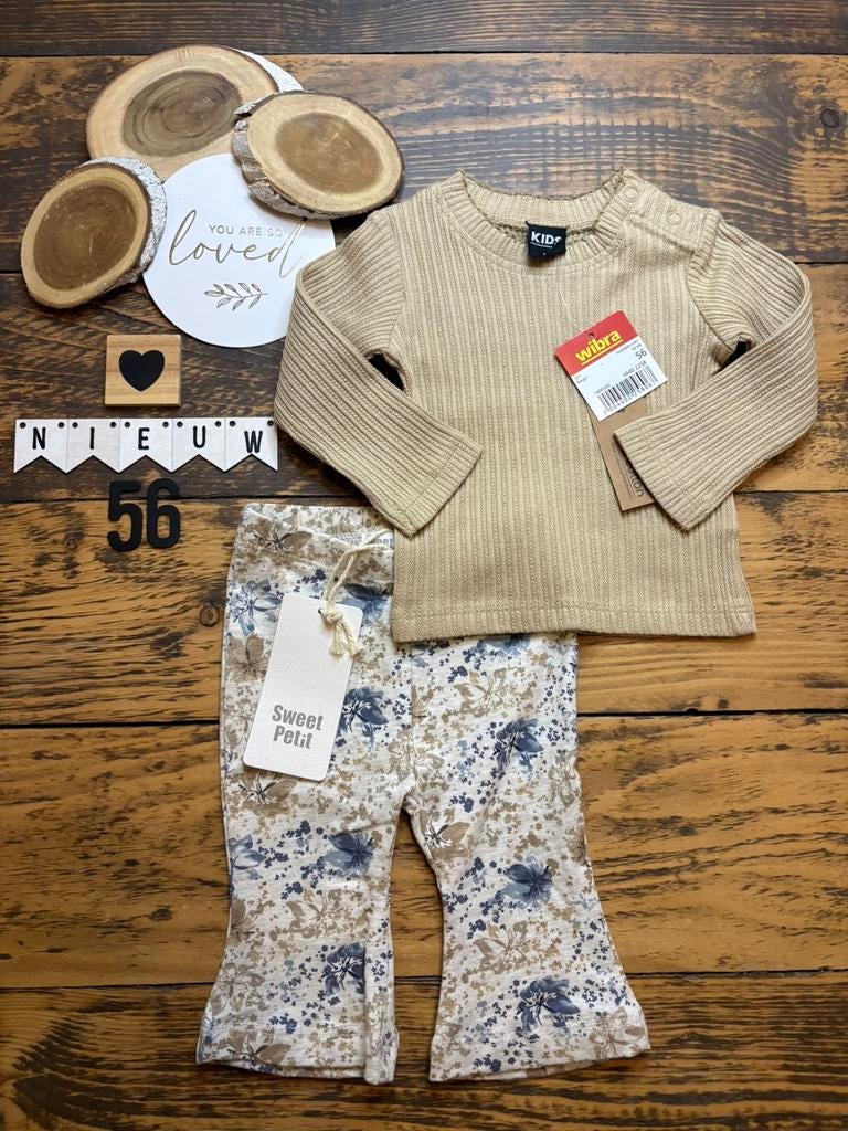 Baby girl setje beige shirtje, broekje beige blauw maat 56, Kinderen en Baby's, Babykleding | Maat 56, Ophalen of Verzenden, Nieuw